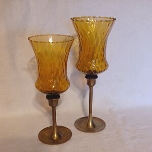 Home Interiors Amber Glass Candle Holders Set Of 2